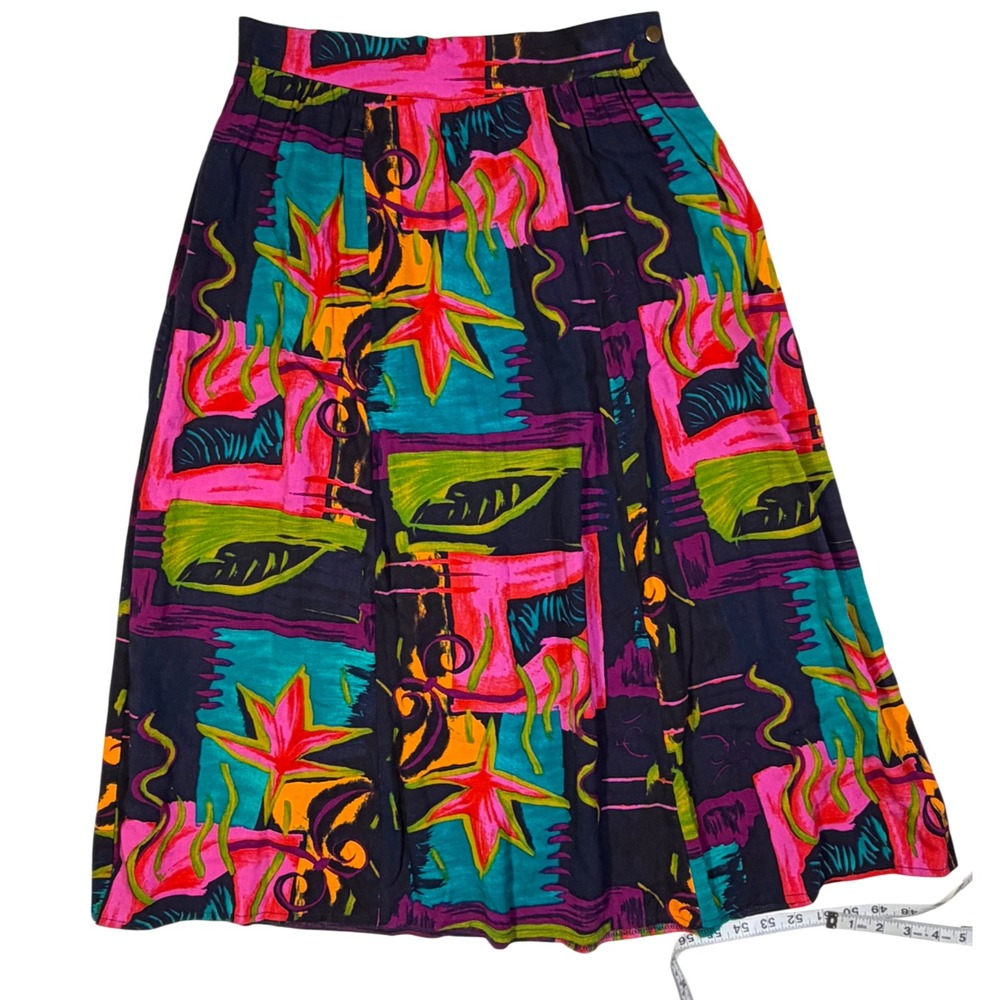 Vintage 90s J Hardin Rayon Tropical Abstract Midi Skirt Elastic Waist Pockets 12